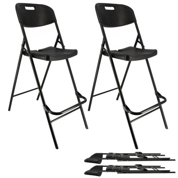 Lot de deux chaises de bar pliantes noires - Ht 120cm - Chaises hautes pliantes - Cadre en acier - avec dossier et repose pied