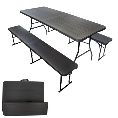 Ensemble table et bancs noirs effet bois - Long 180 cm - 8 Personnes - Poignée de transport - Table pliante et 2 bancs pliants&nbsp;